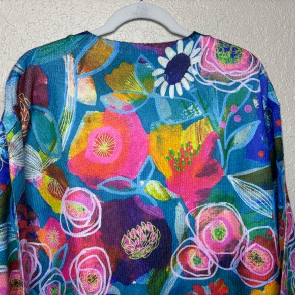 Blue Pink Art To Wear Vibrant Floral Cardigan Sweater Women's Size Large - Picture 5 of 12